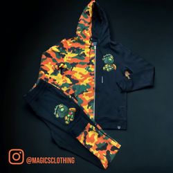 Men Camouflage Black Orange Yellow Hoodie Zipper Joggers Sets 