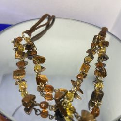 Vintage Signed NY Tiger Eye Chips And Citrine Beads On Two Strand Brown Suede Chocker Necklace 