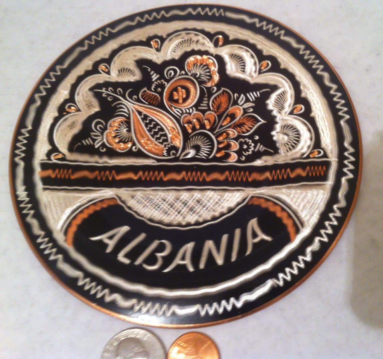 Vintage Metal Copper Wall Hanging Plate, Intricate Design, Fancy, Albania, 5 1/2" Wide, Home Decor, Wall Decor, Shelf Display