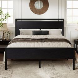 Platform Bed Frame w/ Wood Headboard & Footboard – Heavy Duty Metal Frame