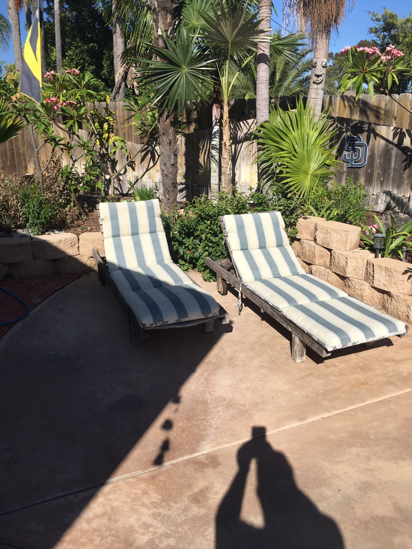 Two unfinished teak chaise lounges with rolling wheels and cushions. .... Must pick up