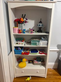 White Wood Bookcase with Bottom Drawer