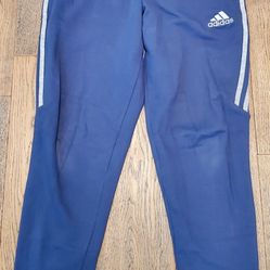 Adidas - Mens - Medium - Athletic Pants - Climalite - Tapered Leg - Drawstring Waist - 2 Pockets - Cotton - Blue w/Gray Leg Stripe