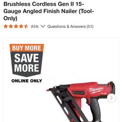 Milwaukee M18 FUEL 18-Volt Lithium-Ion Brushless Cordless Gen II 15-Gauge Angled Finish Nailer (Tool-Only)
