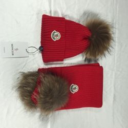 Moncler Beanie With Pom Pom red (Kids set: hat + scarf)