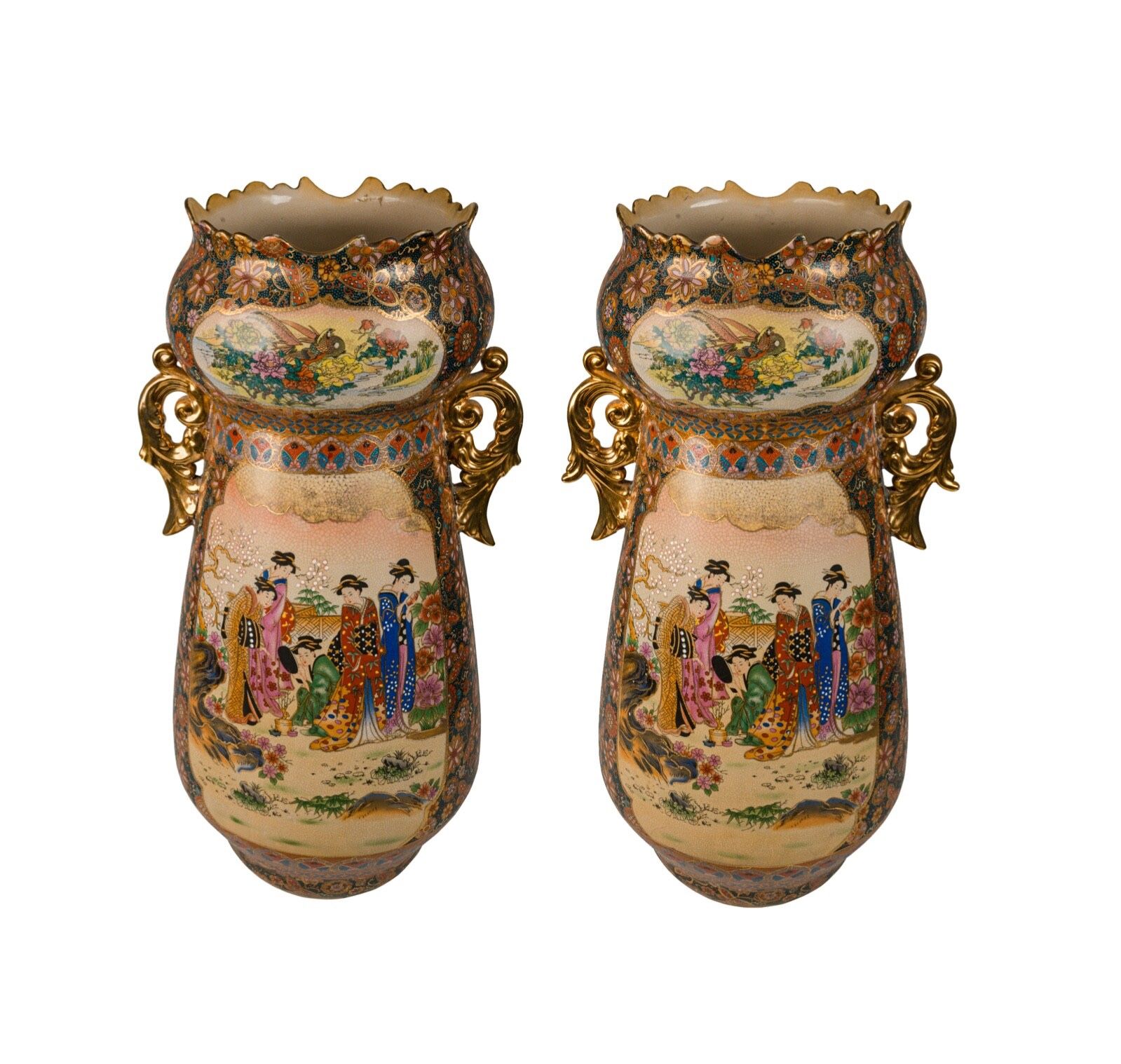 Pair of VERY LARGE 24" Vintage Japanese Royal Satsuma Hand Painted Vases