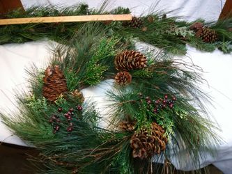 2 Foot Diameter Fake (Use year after year) Wreath & 56" Long Mantel Pine with Pine Cones Decor