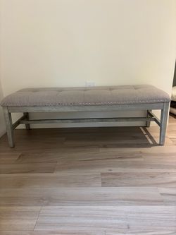 Tufted Upholstered Grey Bench with Wood Frame