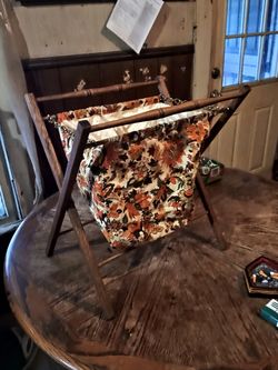 Vintage Folding Knitting Basket: Autumn Floral Fabric, Brown Wood Frame