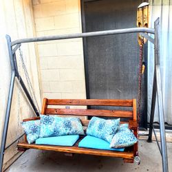 Porch Patio Wood Bench Swing With Frame