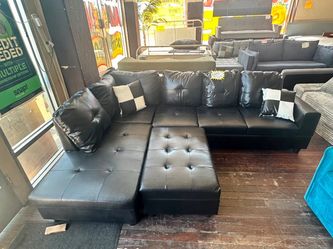 Black Leather 2pc Sectional Sofa set with Ottoman