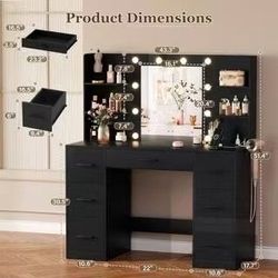 💞 Makeup Vanity With Lights in 3-Colors, Vanity Desk with Large Mirror, Drawers and Shelves, Black$140