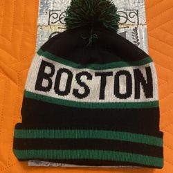 Boston Knit Pom Beanie Hat Green/White/Black Striped Winter Cap