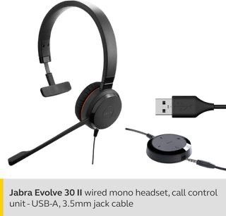 Jabra Evolve 30 II Wired Headset, Mono, MS-Optimized 3.5mm Jack/USB Connection