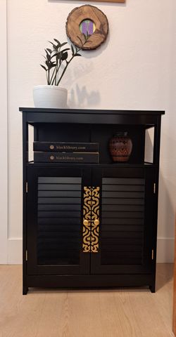 Black Cabinet w/ Gold Details and Louvered Doors - Stylish Storage