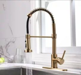 Fapully Commercial Single-Handle Pull-Down Sprayer Kitchen Faucet with 3-Function Spray Head in Brushed Gold with Deck Plate