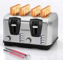 TEKAMON 4-slice toaster, extra wide slots, stainless steel toaster, 7 browning settings, 4 functions with cancel, reheat, defrost and bagel modes, rem
