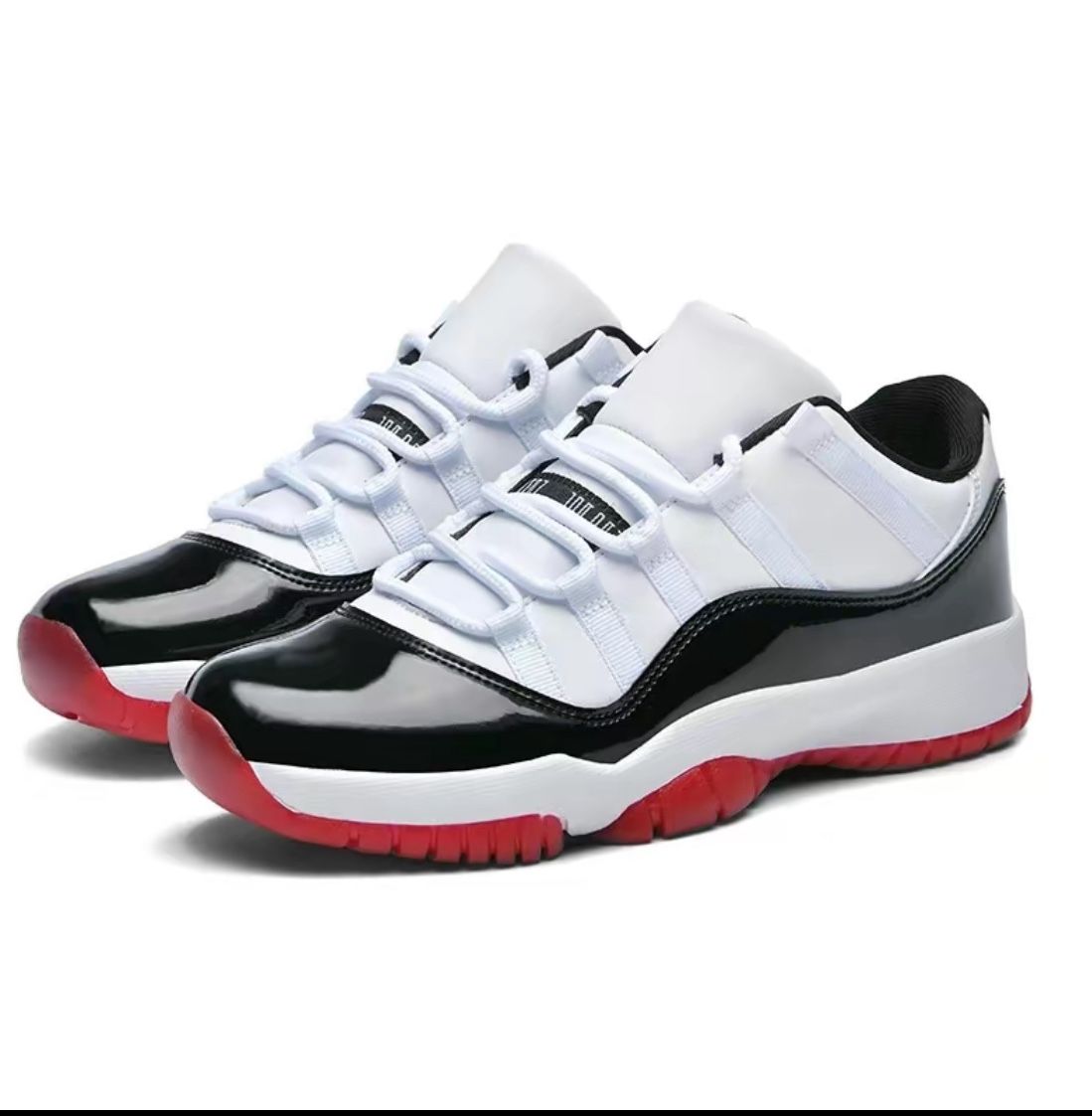 Air Jordan 11 Low “Bred Concord” – Black White Red Patent Leather Retro Sneakers