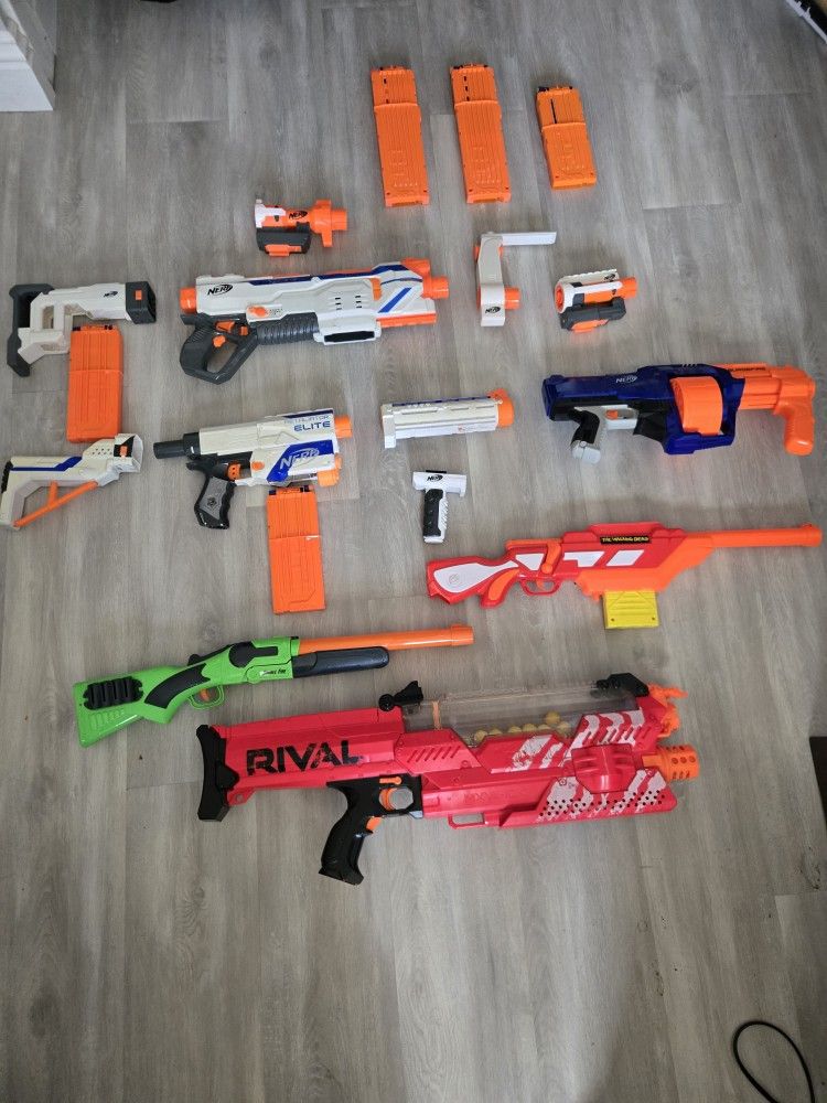 6 Nerf guns two 16 mag three 4 mag