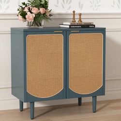 1293A Accent Storage Cabinetwith 2 Rattan Doors, Sideboard Buffet Cabinetwith Shelves, Free Standing TV Console Table with Storage, Modern Teal Cabine