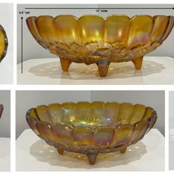 Vintage Iridescent Amber Indiana Carnival Glass Footed Oval Bowl with Harvest Grape Pattern