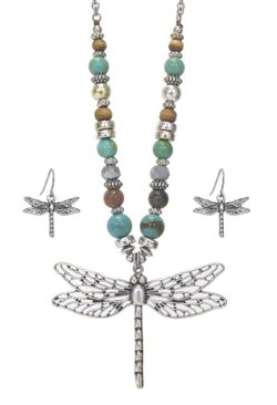 Metal filigree dragonfly pendant and multi bead chain necklace set