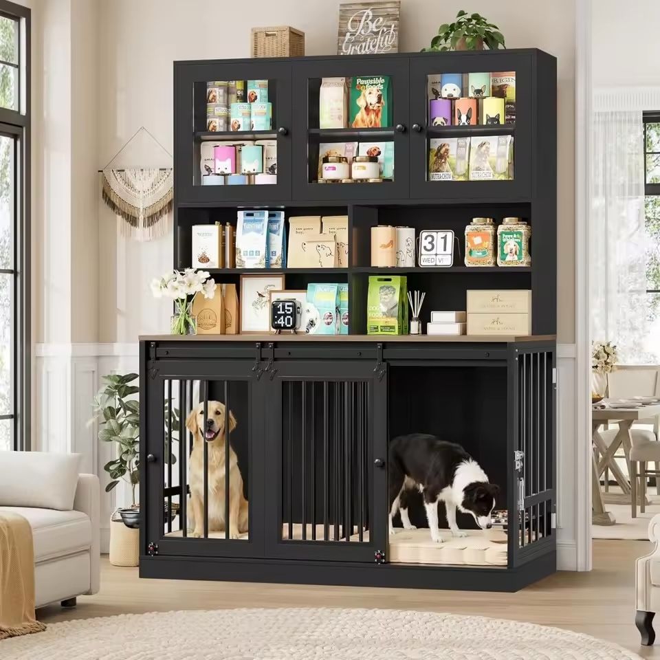 71"H x 55"L Large Dog Crate Furniture with Hutch Shelf and Glass Door, Indoor Dog Kennel with Divider and Feeding Bowl