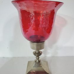 Ruby Red Lantern Candle Holder On Brushed Metal Pedestal 