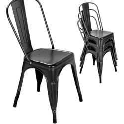 Metal Indoor-Outdoor Chairs Distressed Style Kitchen Dining Chairs Stackable Side Chairs with Back Set of 4 (Black)