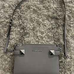 Michael Kors Karla Crossbody Medium Wallet Double Zip Grey Leather Silver HARDWARE