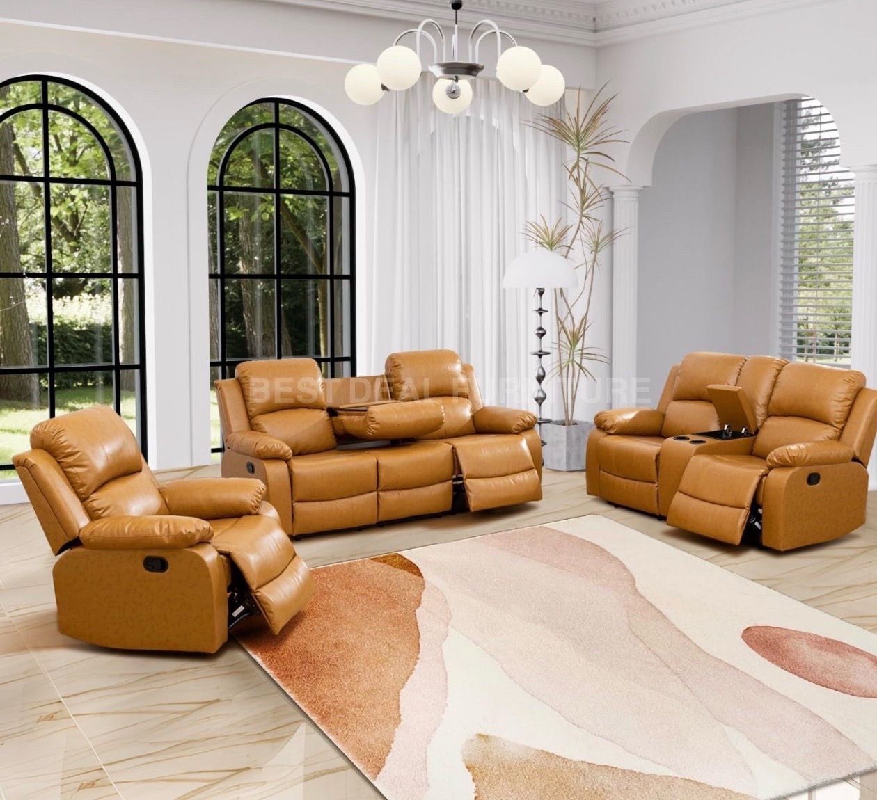 Carmel leather fully reclining three piece couch set
