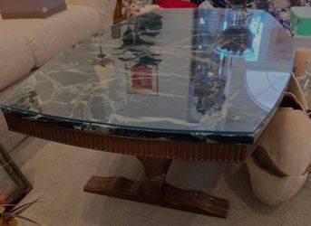 Vintage Wood and Green Marble Top Coffee Table