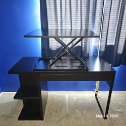 Dark Brown/Black Desk with Shelves, Drawer, and Adjustable Monitor Stand