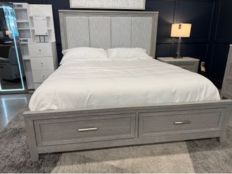Queen platform bed with two front drawers