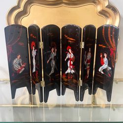 17” W x 10” H Vintage Mid Century Hand-Painted Lacquered Wood and Mother of Pear Tabletop Folding Screen