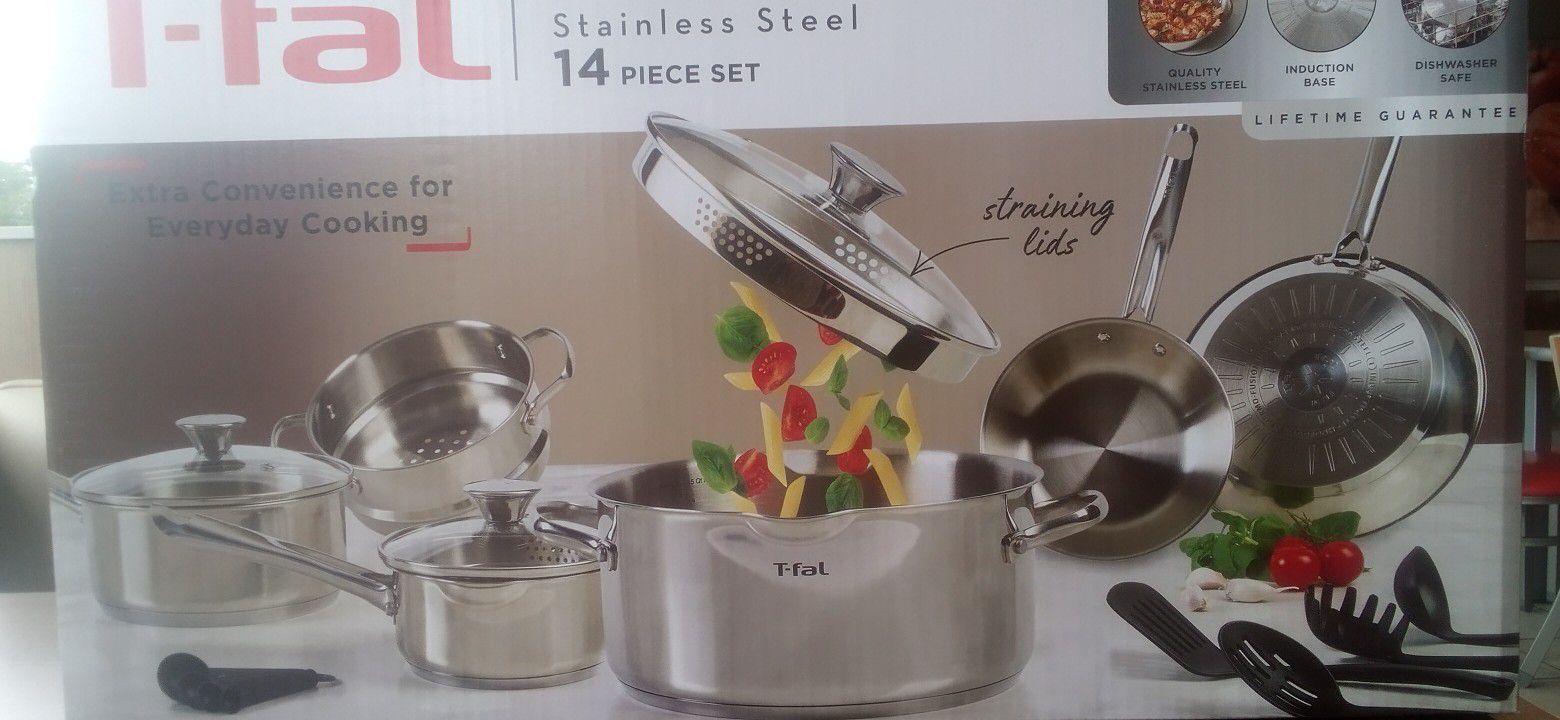 T-fal 14 Piece Cook & Strain Stainless Steel Cookware Set, Dishwasher Safe  NEW