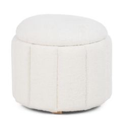 Quilted Storage Ottoman Round, boucle, Cream Color