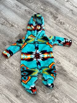 Baby hooded fleece romper turquoise Southwestern pattern