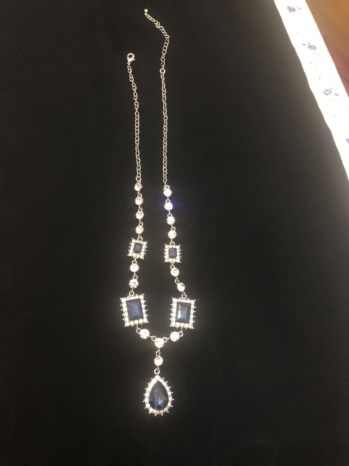 Blue Gemstone Statement Necklace – Silver Tone