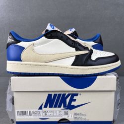 A pair of blue and white shoes