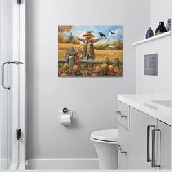 Fuzawet Farmhouse Pumpkin Wall Art Rustic Autumn Scarecrow Pictures Decor Fall Field Flowers Canvas Prints Painting Country Pumpkins Framed Artwork fo