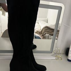 Black Suede Knee-High Block Heel Boots