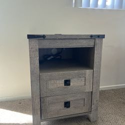 Nightstand with Charging Station, Farmhouse End Table with 2 Drawers & Open Storage