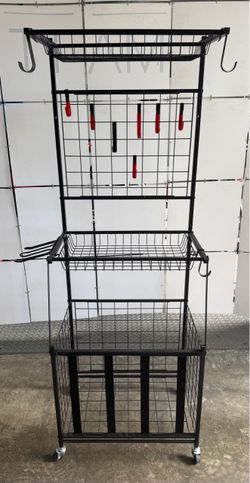 Black Metal Wire Sports Gear Storage Rack on Wheels
