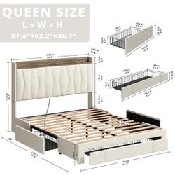 Queen Bed Frame with Headboard, Noise Free Metal Platform King Bed Fram with 3 Storage Drawers and USB Port for Home, Hotel, Guesthouse