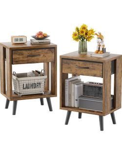 GYIIYUO Nightstand Set of 2 with Fabric Drawers and Open Shelves - Rustic Bedroom Side Tables Amazon's Choice 