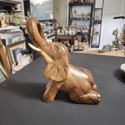 Hand-Carved Teak Wood Elephant W/Raised Trunk For Good Luck & Tusks, Kneeling Down Natural Polished Wood-Carved Nicaragua 8.5"H X 7"L