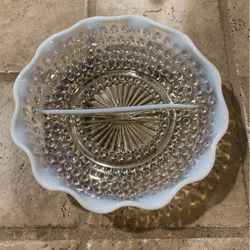 Vintage Fenton Ruffled Edge White Opalescent Hobnail Glass Divided Dish