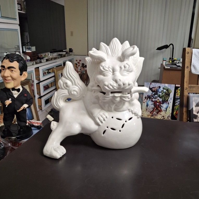 Vintage Late 20th Century Large White Glazed Porcelain Foo Dog Guardian Lion, Represents Prosperity & Protection 14"Hx13"Wx9"D