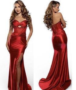New With Tags Satin Strapless Corset Cut Out Bodice Long Formal Dress & Prom Dress $220